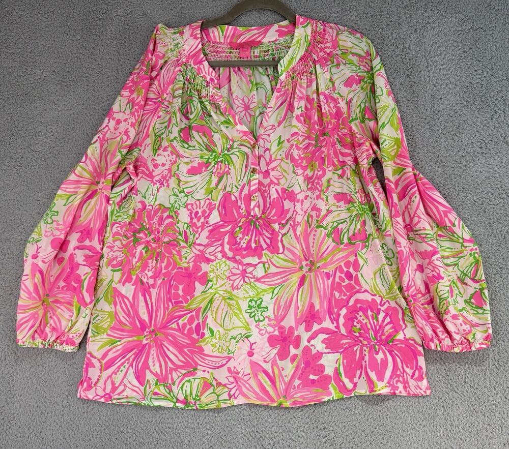 Lilly Pulitzer Elsa Silk Blouse Vibrant Pink Blue Floral Popover Sz Large